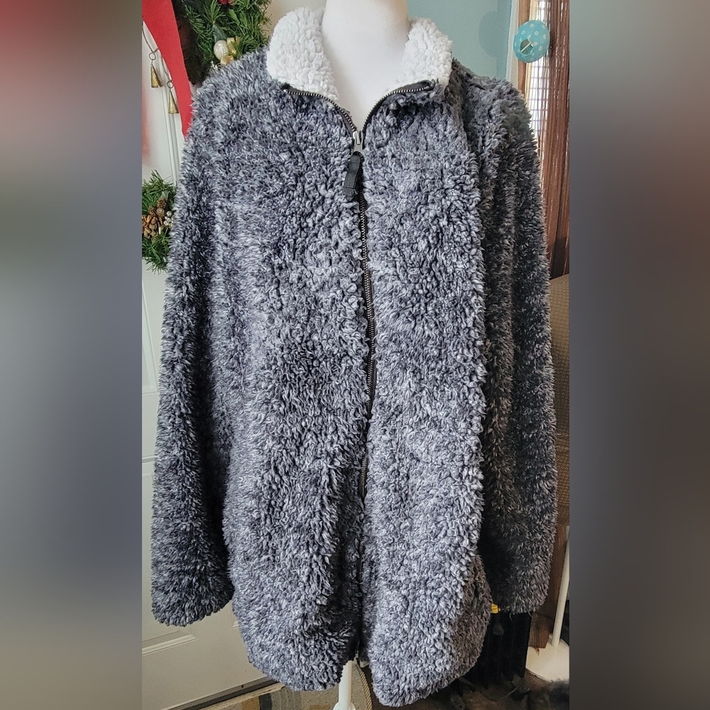Mo-Ka Plush Sherpa Teddy Zip-Up Jacket Sweater Womens XXL Charcoal Cozy Girl